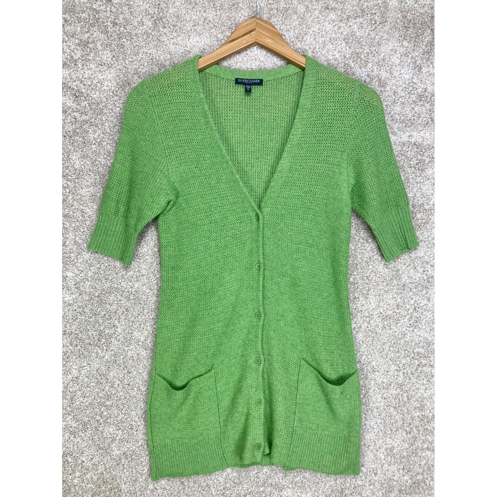 Eileen Fisher Wool Cashmere Short Sleeve Cardigan Womens S Green Grannycore Chic